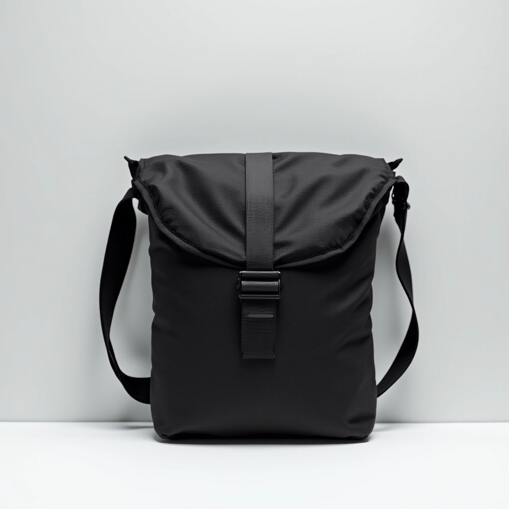 Compact black sling pack made from recycled polyester material with eco-friendly construction