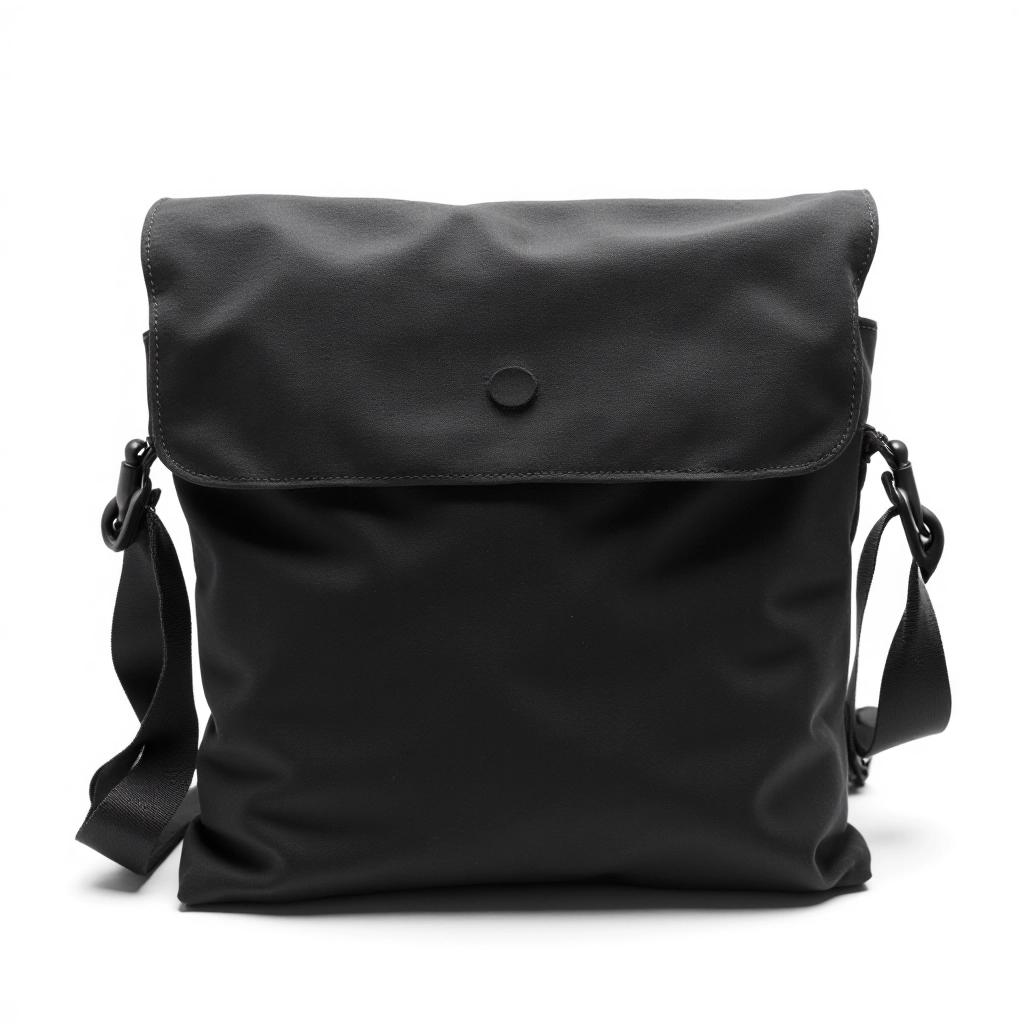 Black waxed canvas messenger bag with adjustable shoulder strap, professional product photography on neutral background
