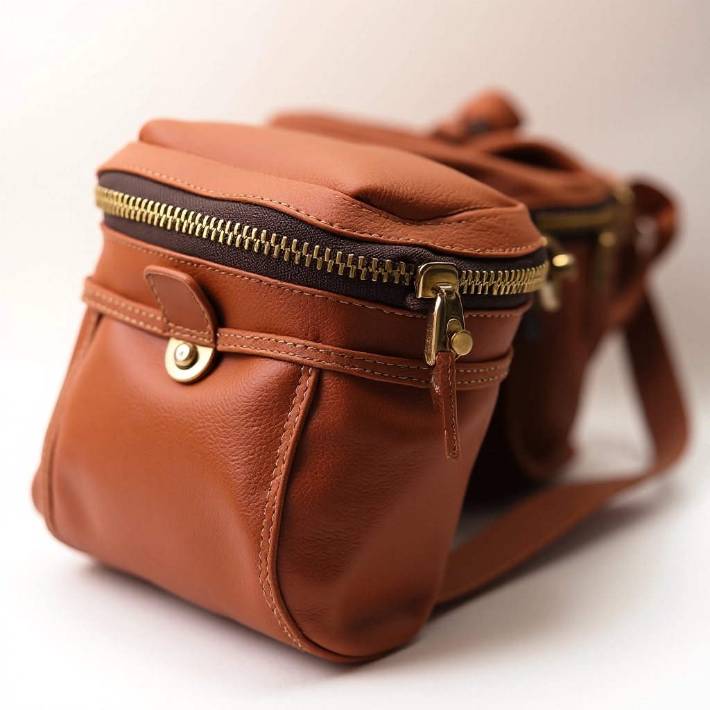Close-up detail shot of cognac leather pouch showing texture, hardware aging, and patina development on surface