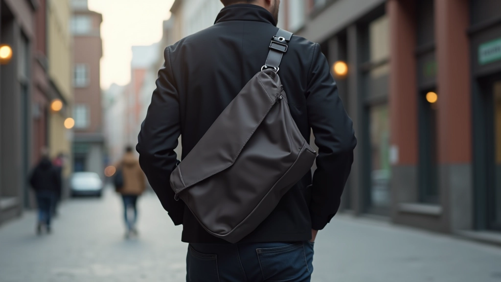 Professional messenger bag in use, worn across commuter's body during daily transit, urban environment