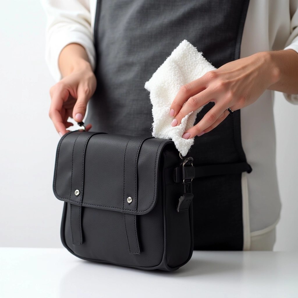 Person maintaining and cleaning crossbody bag, showing care techniques with soft cloth and storage in clean space