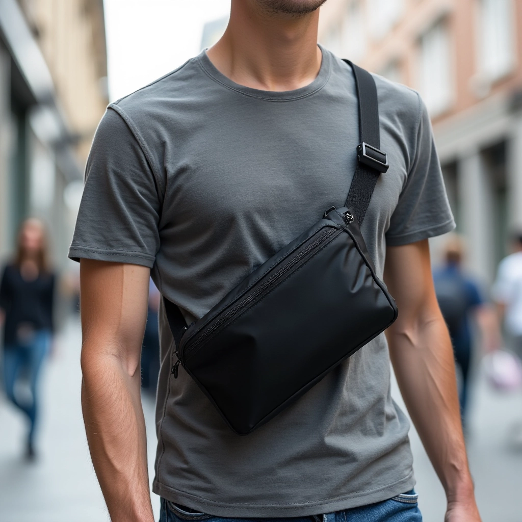 Lifestyle shot of person wearing black mini sling pack while walking through urban street, showing how compact and functional the bag looks during everyday use