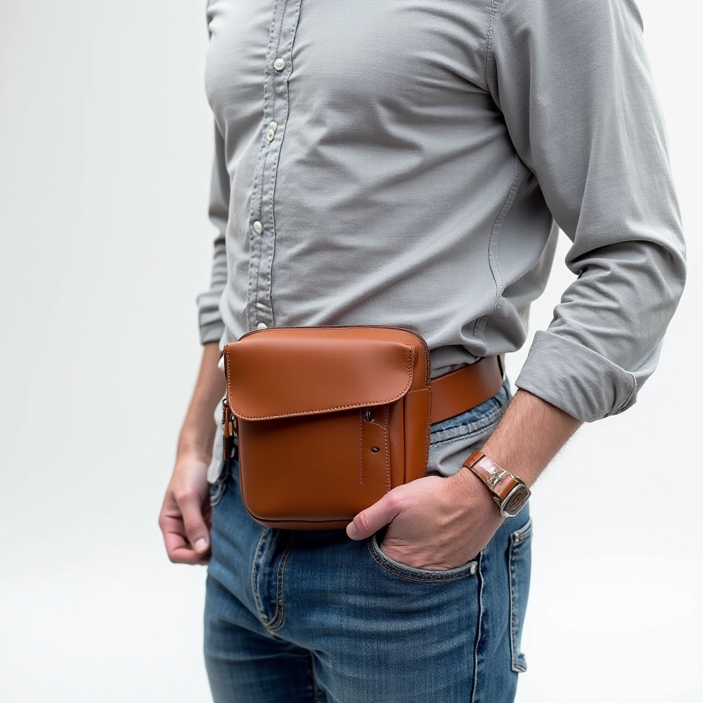 Person wearing cognac leather belt pouch at waist level, demonstrating secure positioning and comfortable fit with casual clothing