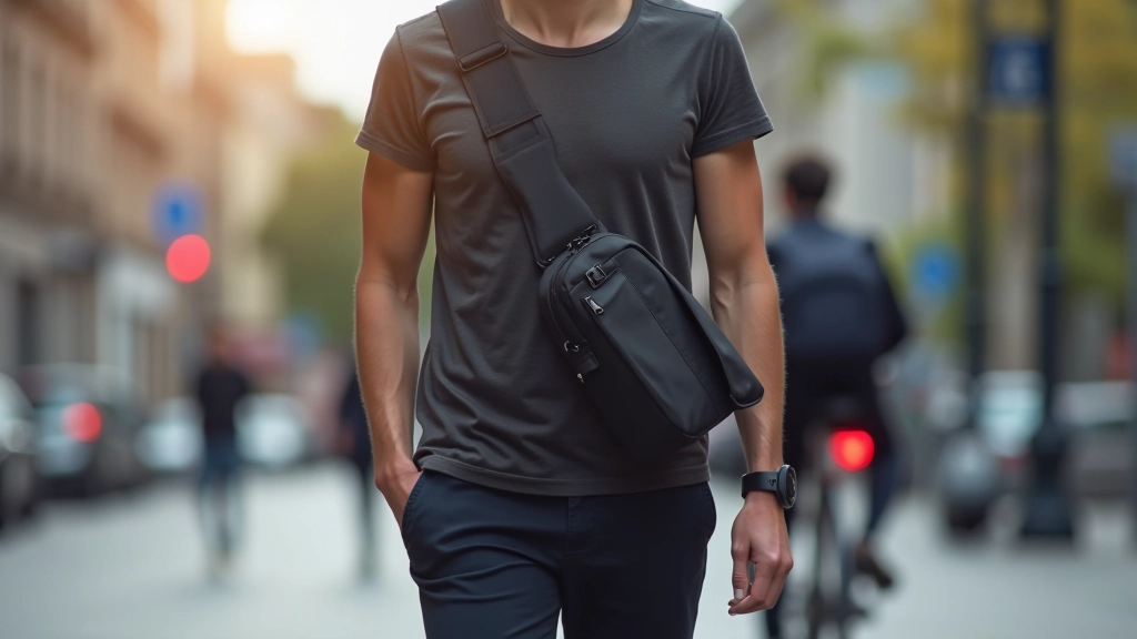 Active commuter wearing hands-free messenger bag through city streets